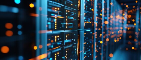 Data servers, technology infrastructure and network systems in modern data center with illuminated lights for cloud computing and digital storage solutions.