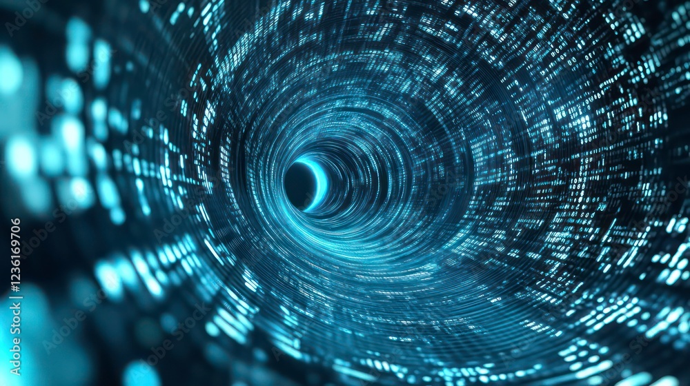 Leinwandbilder Abstract swirling vortex of digital code, glowing blue and black, representing data flow and technology.