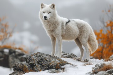 Obraz premium Arctic Wolf Stands Proud On Rocky Winter Peak