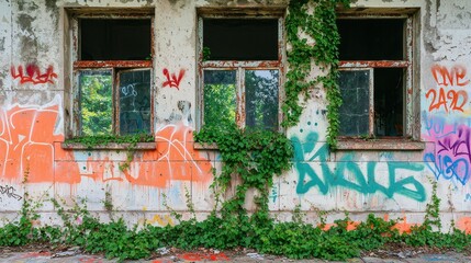Abandoned Building with Graffiti and Overgrown Greenery Details