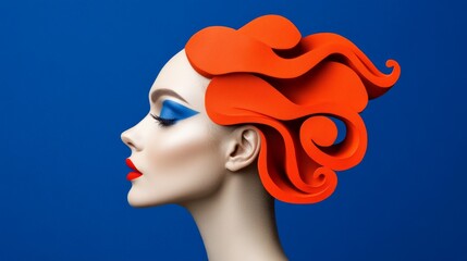 Abstract Hair: A model with bold red lips and blue eyeshadow gazes intensely into the distance with an avant-garde.