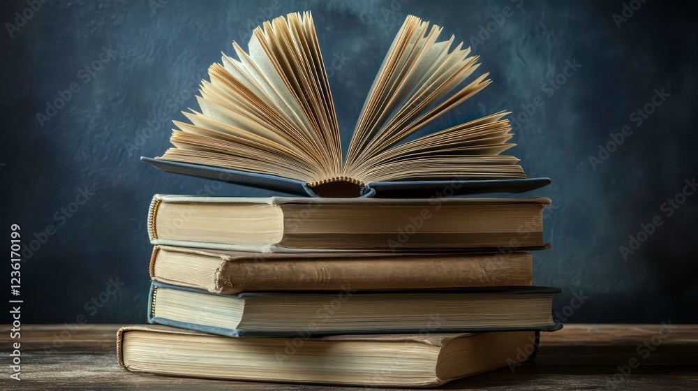 Poster open book on a stack of old books against a dark background.