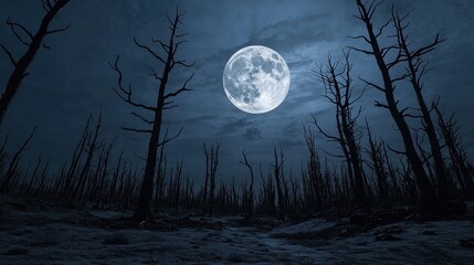 Fototapeta premium Serene Night Forest with Bright Full Moon and Dark Silhouetted Trees