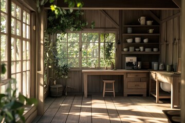 Cozy wood cabin with kitchen scene, light shining. For interior decor.