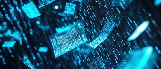 Digital data stream with abstract glowing elements, representing technology, innovation, and information flow in a futuristic background. Cybersecurity and data analysis concept.