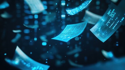 Digital data documents flying through the air, representing futuristic technology, data analytics, information flow, and virtual communication in modern business.