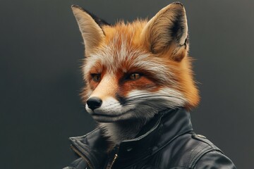 Obraz premium Anthropomorphic red fox with slicked back fur wearing a stylish black leather jacket, creating a unique and fashionable portrait against a dark background