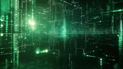 Fototapeta premium Green Digital Matrix Grid with Glowing Lines and Data Flow