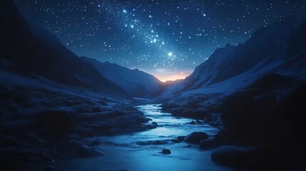 Naklejka premium Stunning Night Sky Over Serene Mountain Valley With Twinkling Stars and Gentle River Flowing Through Landscape