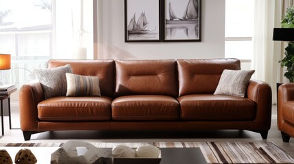 Fototapeta premium A Cozy Living Room With A Brown Leather Sofa, Decorated With Pillows, And Artwork On The Wall. It'S Calm And Inviting.