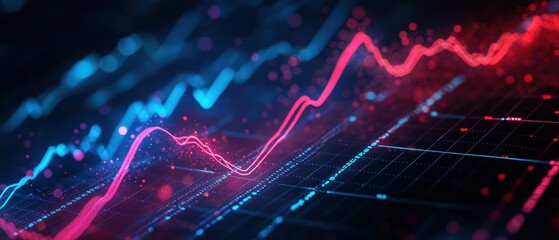 Digital stock market data visualized with red and blue line graphs, reflecting market trends, financial analysis, trading insights, and investment strategies.