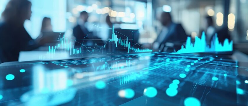 Digital stock market graph, financial data visualization and business strategy meeting in modern office. Analysts discussing trends, profits, and investment insights.
