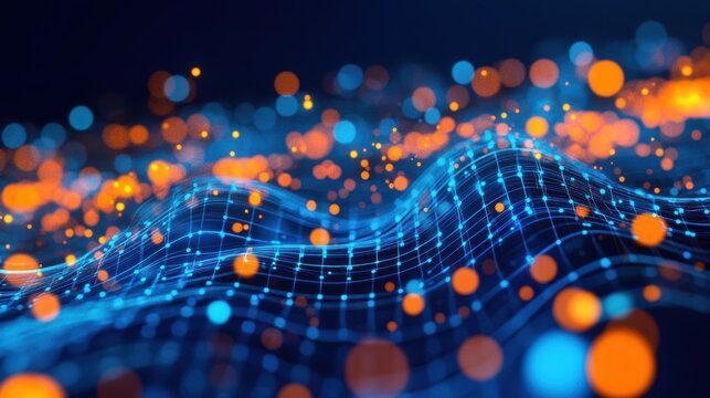 Digital waves with glowing dots and grid patterns representing data visualization, technology trends, modern digital art, and abstract visual communication concepts.