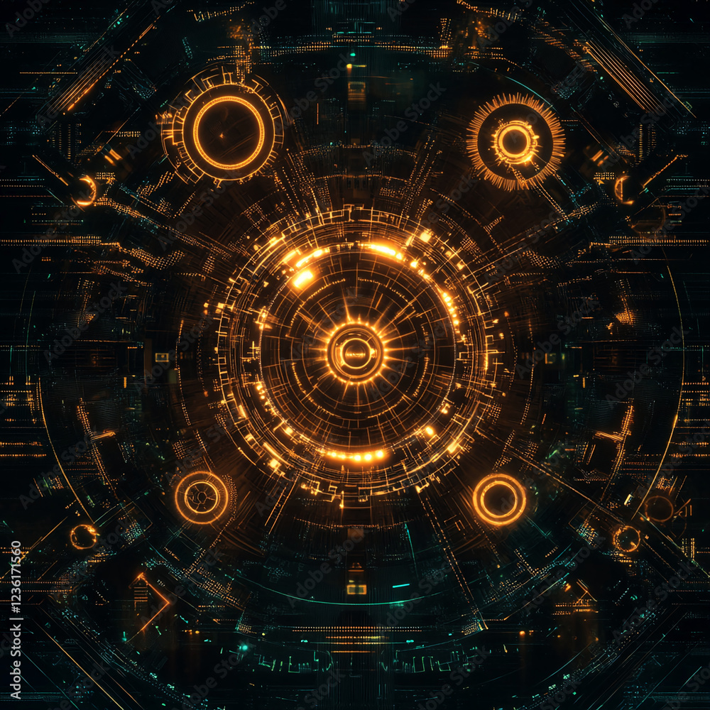 Poster Abstract digital technology background with glowing orange and blue circular gears and circuit lines, showcasing a futuristic design representing innovation, technology, and automation.