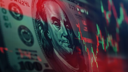 Dollar bills with stock market charts and graphs showing fluctuations in finance. Economic trends analysis, investment strategies, and currency value representation.