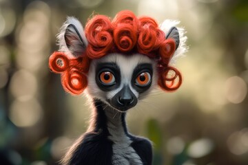 Naklejka premium Close up of a lemur wearing a red curly wig, creating a humorous and surreal scene in a natural environment
