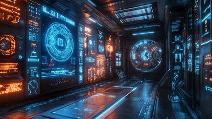 Obraz premium Futuristic Technology Control Room Interior with Neon Lights