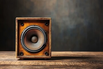 Vintage Wooden Speaker on a Rustic Wooden Table Background