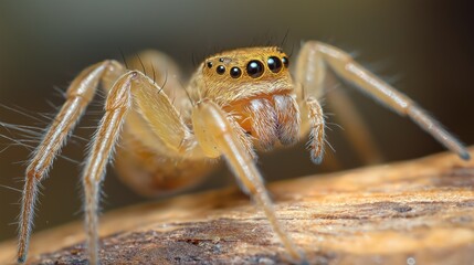 Light Brown Jumping Spider Closeup On Wooden Surface