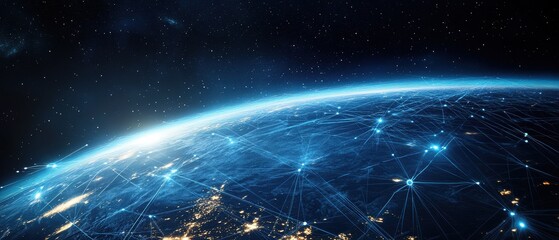 Earth from space with digital connections illustrating global networking, technology advancements and data exchange among continents, highlighting connectivity and innovation.