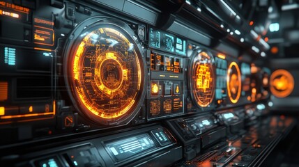Obraz premium Futuristic Technology Interface with Glowing Orange and Blue Displays
