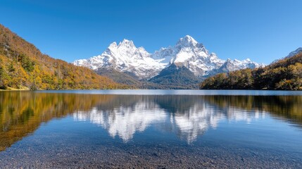 Fototapeta premium Autumnal lake reflecting snow-capped mountains (5)