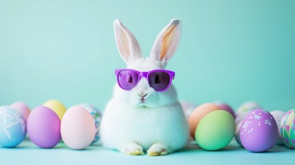 Fototapeta premium Easter bunny with purple sunglasses sitting among colorful eggs on a pastel background, symbolizing spring celebrations, joy, and festive traditions.
