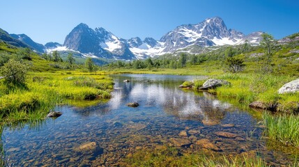 Mountain lake reflection, summer, Norway, travel