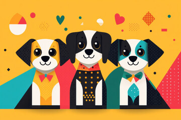 Dog in fancy outfit, illustration, A whimsical illustration of a dog dressed in a fancy outfit, showcasing high fidelity and flat design.