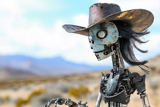 Weathered robot cowboy stands in a desert landscape, its mechanical parts exposed and a worn hat perched on its head