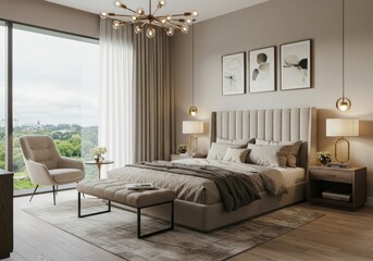 Modern, luxurious bedroom with large windows, upholstered bed, and stylish decor. Elegant, cozy, inviting