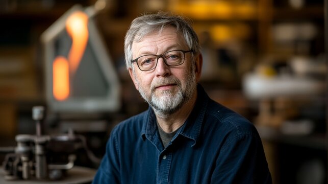 Mature craftsman portrait, workshop background, glassblowing furnace, industry expertise