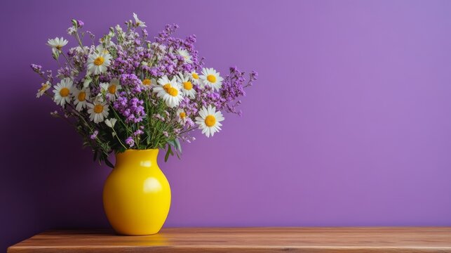 A Vibrant Bouquet Of Daisies And Purple Flowers In A Yellow Vase Sits On A Wooden Surface Against A Purple Wall. The Scene Is Peaceful And Cheerful.