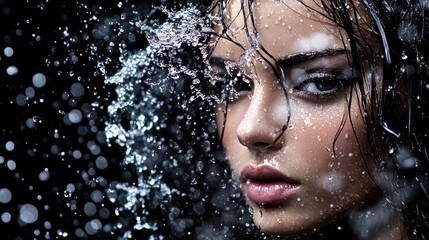 Fototapeta premium Woman, water splash, dark background, beauty, advertising