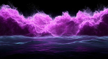 Abstract waves in neon purple and pink, flowing lines on a black background, digital art showcasing glowing energy and smooth curves, giving it an ethereal and futuristic minimalist feel, vibrant