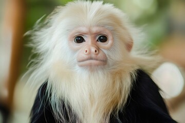 Naklejka premium Portrait of a beautiful white faced capuchin monkey staring with its dark eyes and showing its peculiar white fur