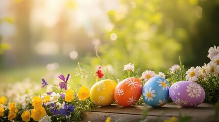 Easter eggs in vibrant colors placed among blooming flowers, symbolizing spring celebrations, seasonal joy, and festive decorations in a serene garden setting.