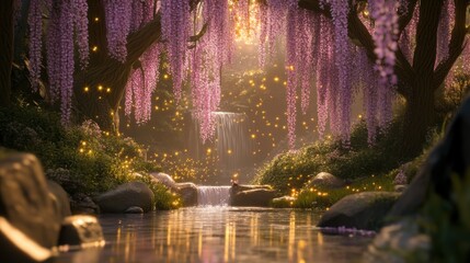 Enchanted Forest with Waterfall and Blooming Flowers Under Soft Glowing Light and Gentle Stream Flowing