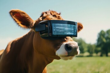 Brown cow wearing augmented reality glasses analyzing data in a sunny green field, innovative technology in agriculture