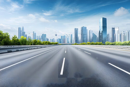 Highway with a modern city skyline in the background