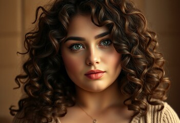 Fototapeta premium Portrait of a chubby woman with curly hair and green eyes