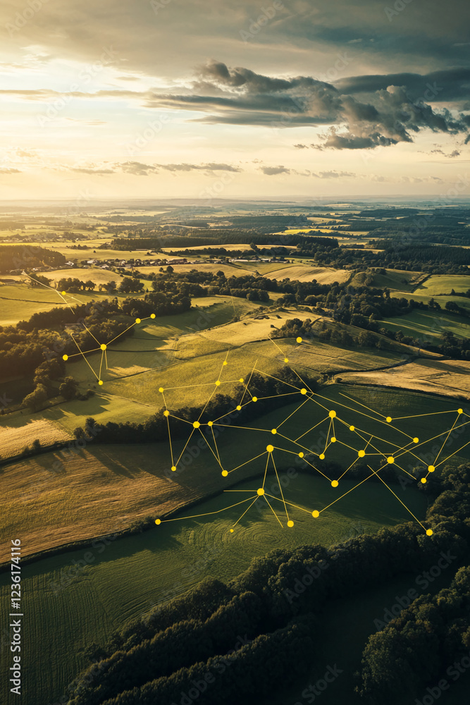 Poster aerial view of rural farmland with yellow location pins and connecting lines representing digital ne