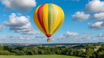 Obraz premium Colorful Hot Air Balloon Soaring Over Rolling Green Hills