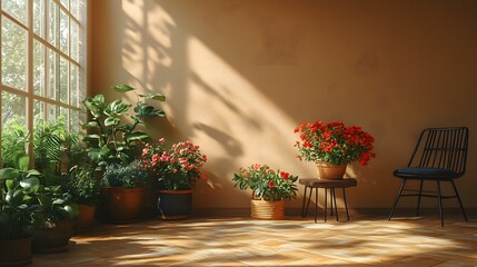 Frontfacing view of botanic living room interior with flowerpots on a wooden stand a black stool near the brown wall and personal accessories enhancing the cozy natural vibe of the space