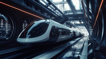 Futuristic High-Speed Train in a Modern Tunnel with Glowing Accents