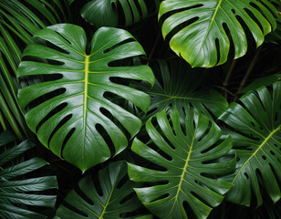 Closeup nature view of green monstera and palms leaf background. Flat lay, dark nature concept, tropical leaf