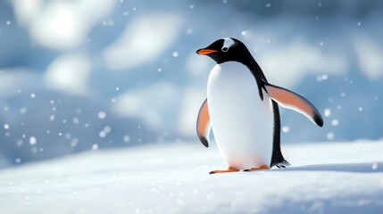 Obraz premium Adorable Gentoo Penguin Standing on Snowy Landscape in Antarctica