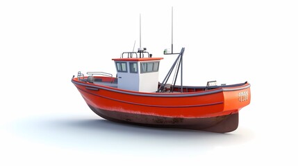 Fototapeta premium Bright Red Fishing Boat on White Background Ready for Adventure