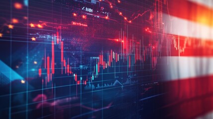 Financial charts and American flag background showcasing market trends in stock trading, investment analysis, data visualization, and economic growth concepts.