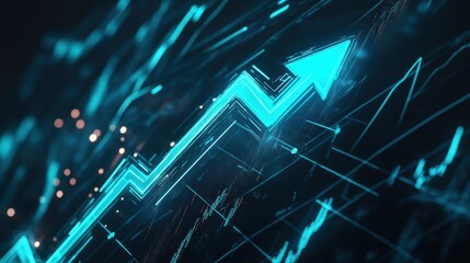 Financial growth graph with dynamic upward trend in blue and black background, representing stock market analysis, investment potential, and economic progress.